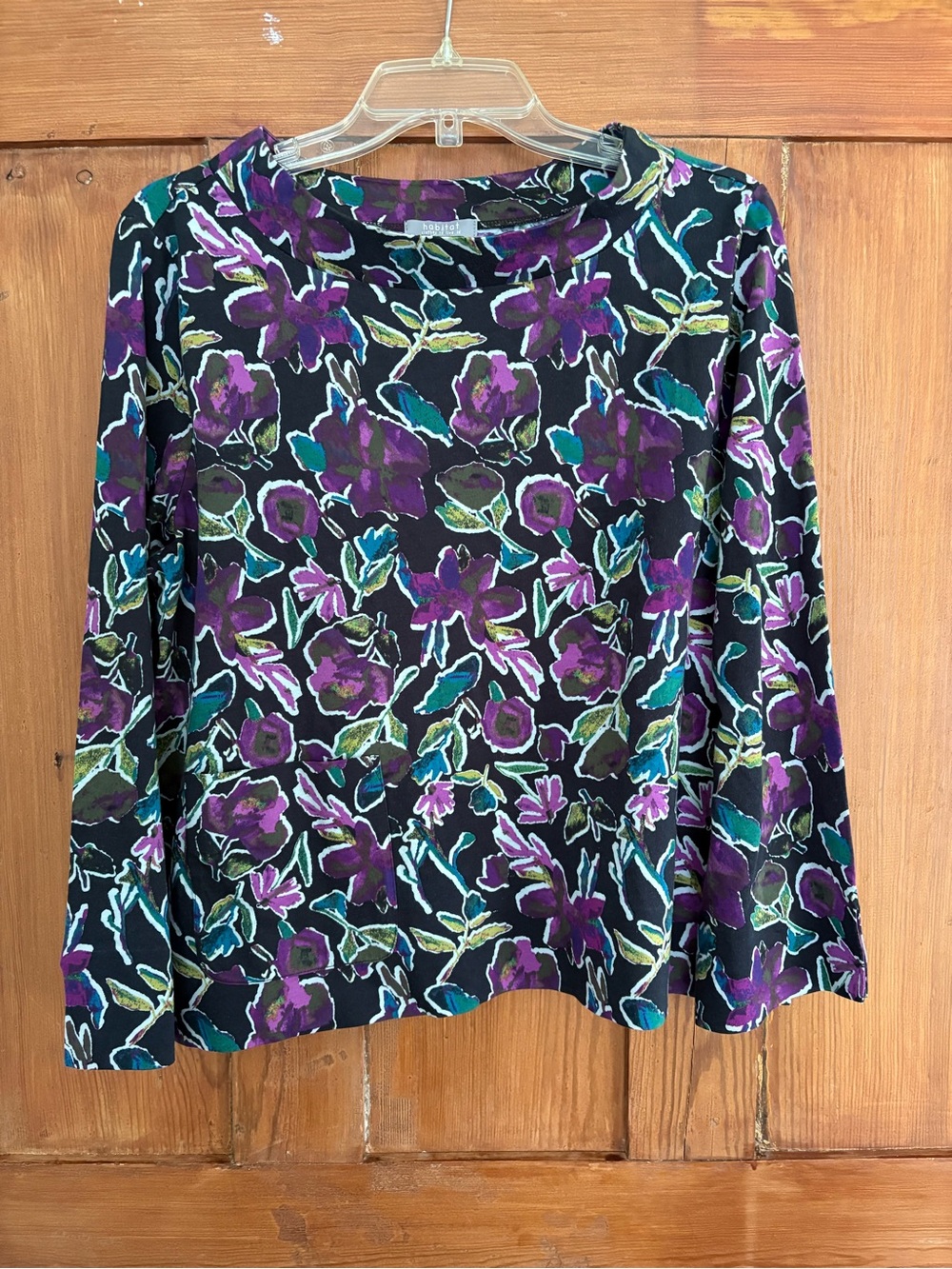 Habitat Black Long-Sleeve Top with Purple Floral Print Size M Cotton